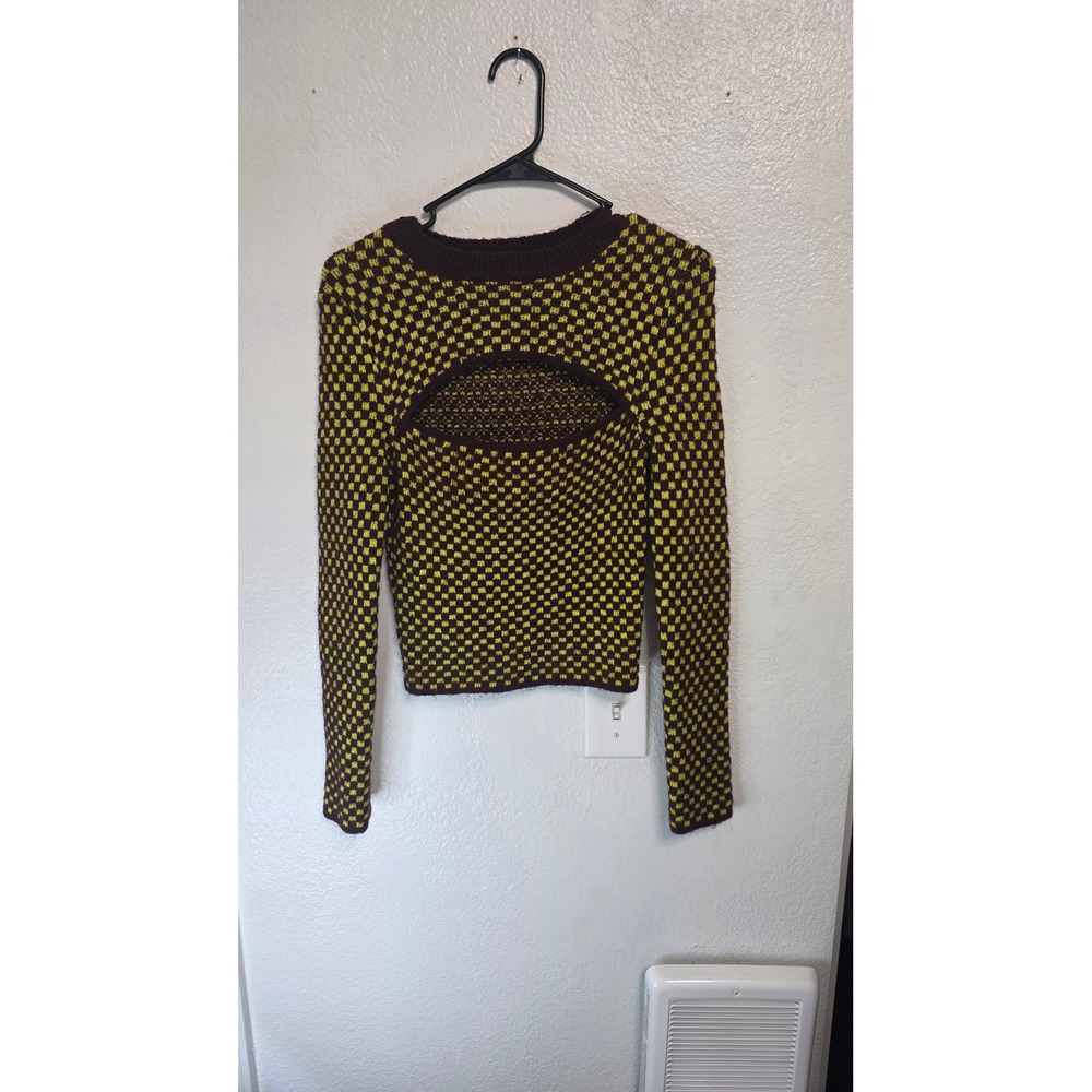 Zara Cut-Out Checkered Sweater Womens Medium Brown Yellow Excellent